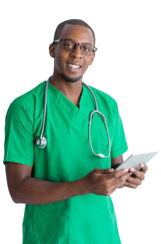 black doctor holding a phone